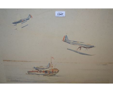 After Coombe Richards, lithograph in colours, the British Schneider Trophy team, 1929, oak framed, 14.25ins x 20ins, original
