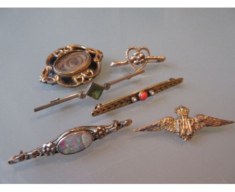 Yellow metal and enamel hair brooch, RAF brooch and four various bar brooches