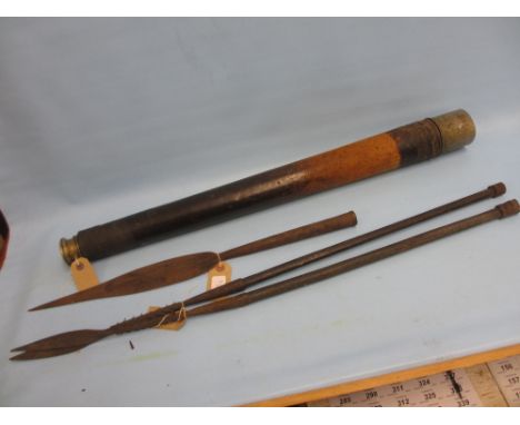 Large two section silver plated telescope with M.O.D. arrow mark by Cary, London, No. 1028 and three various African spear he
