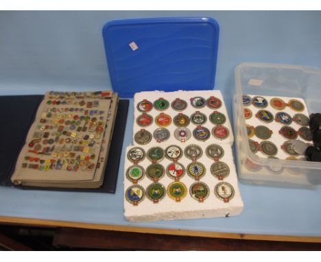 Album containing a large quantity of various small enamel pin badges and a box containing a quantity of late 20th Century Swi