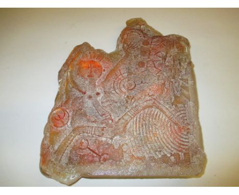 Mid 20th Century Art glass sculpture decorated in shallow relief with naive figures tinted amber and orange, inscribed verso 