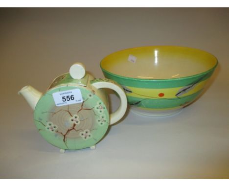 Clarice Cliff May Blossom pattern circular teapot (a/f) together with a Bizarre bowl painted with banded and floral decoratio