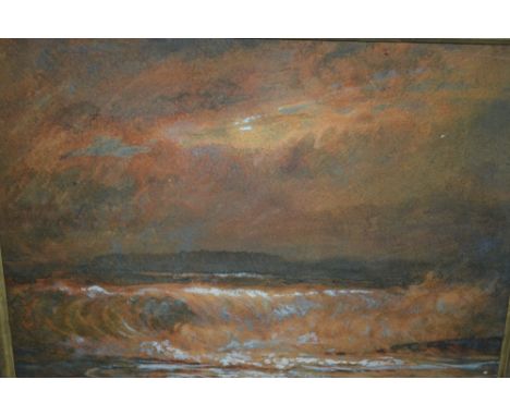 William Young, watercolour and gouache, seascape at sunset with breaking waves, label verso, 9.5ins x 12.5ins
