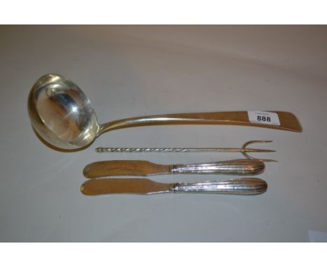 Continental white metal soup ladle, silver toasting fork and two butter knives
