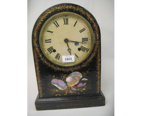 Victorian black lacquered papier mache and mother of pearl inlaid dome shaped mantel clock with a two train movement
