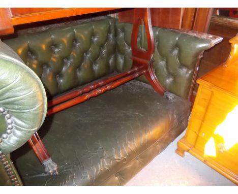 Early 20th Century oak panelled, green buttoned, leather and rexine covered three seater Chesterfield style sofa 