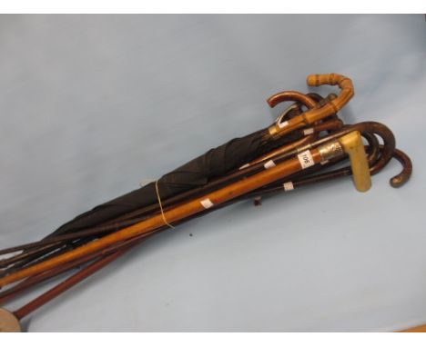 Small quantity of various silver collared walking sticks, including a shooting stick