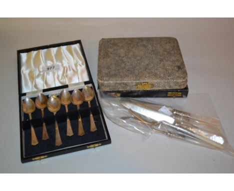 Set of six silver coffee spoons in case, together with two other cased sets of plated flatware and six various mother of pear