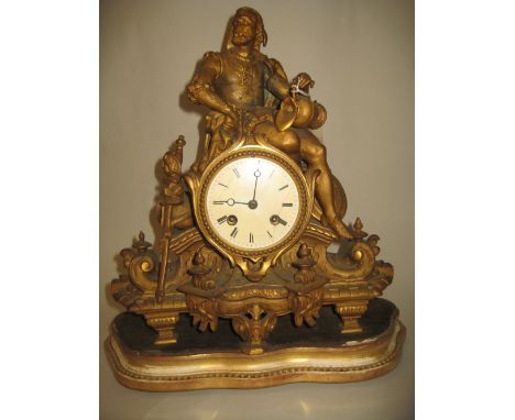 19th Century gilded spelter mantel clock surmounted by a seated figure pouring from a jug, the enamel dial with Roman numeral