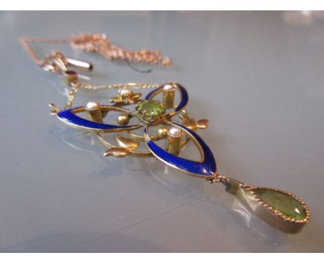 Edwardian 9ct gold pendant on chain set peridot, seed pearl and garnet with enamel decoration (slight damage to enamel)