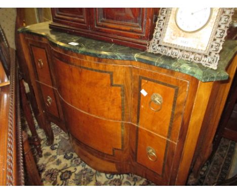 Continental marble topped semi bow fronted two drawer commode chest on cabriole supports with brass ring handles