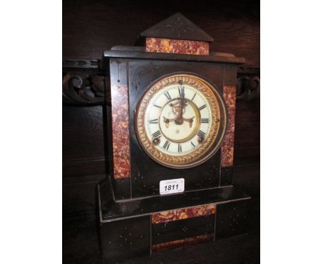 19th Century black slate rouge marble mounted two train mantel clock together with an ebonised metal two train mantel clock
