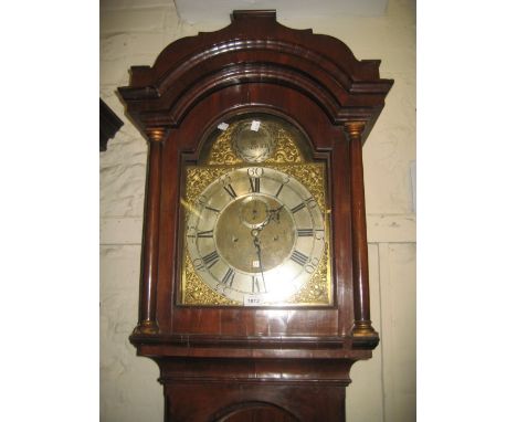 18th Century walnut longcase clock, the arched hood above a crossbanded arched door and a plinth base (reduced and extended w