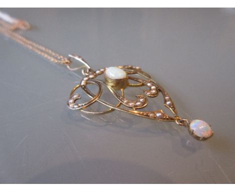 9ct Gold opal and split pearl pendant on chain of Art Nouveau design