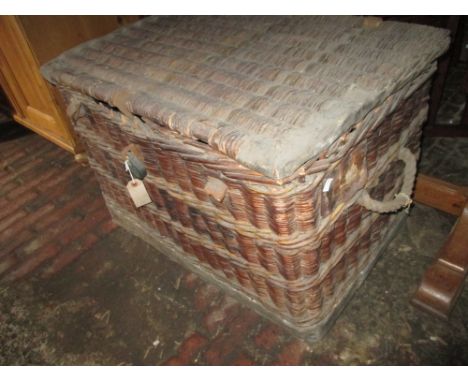 Large late 19th Century woven wicker basket with hinged cover and rope handles, together with 19th Century leather and wooden