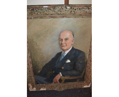 Large 20th Century oil on canvas, portrait of a seated gentleman in a blue jacket, unsigned (frame a/f)