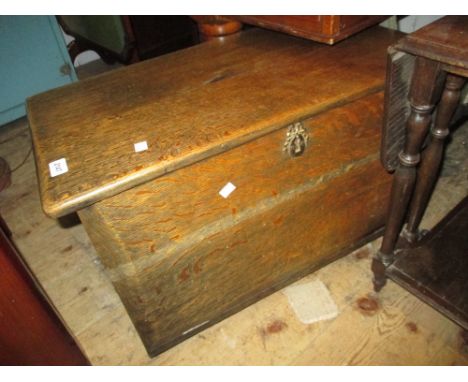 Small oak trunk with fall front, an Edwardian side table and a two tier drop-leaf tea trolley