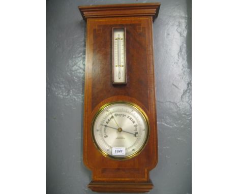 Edwardian mahogany crossbanded and line inlaid aneroid barometer thermometer