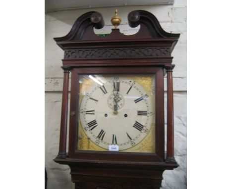 Early 19th Century mahogany longcase clock, the square hood with swan neck pediment and blind fretwork decoration above a sha