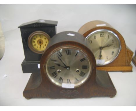 19th Century black slate mantel clock (a/f) and two oak cased dome top mantel clocks