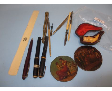Ivory page turner, a Parker pen, two 19th Century papier mache hand painted snuff box covers, pipe and miscellaneous other pe
