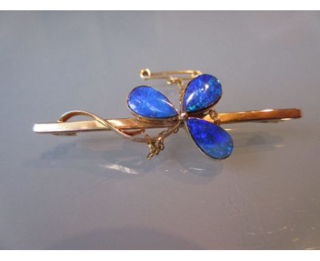 9ct Gold and black opal set shamrock bar brooch