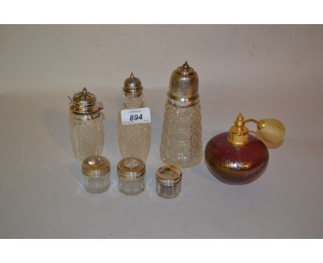 Six various silver mounted dressing table and condiment bottles together with a modern Art Glass perfume atomiser