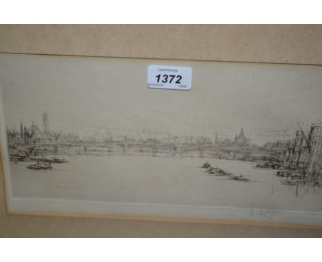 William Walcot, signed etching, barges by a Thames bridge, 6.5ins x 12ins