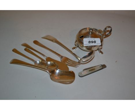 London silver mustard, silver Fiddle pattern sauce spoon, preserve spoon, butter knife and fork and two coffee spoons togethe