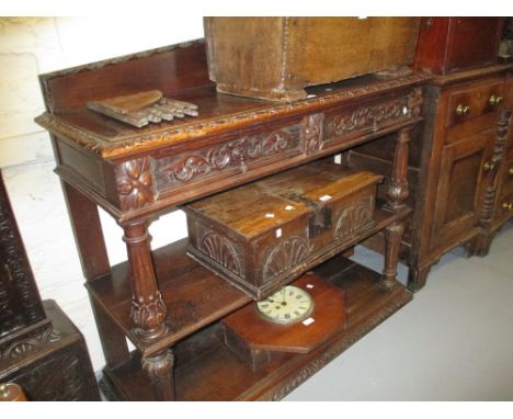 Victorian carved dark oak three tier buffet with two drawers
