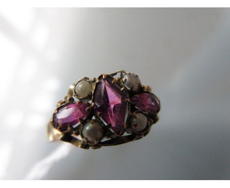 Antique 9ct gold pink ruby and split pearl set dress ring