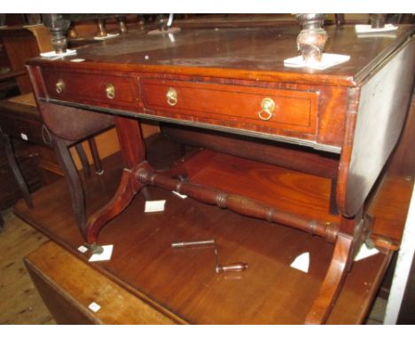 Late 19th Century mahogany ebony line inlaid drop-leaf sofa table with opposing drawers having brass drop handles raised on s