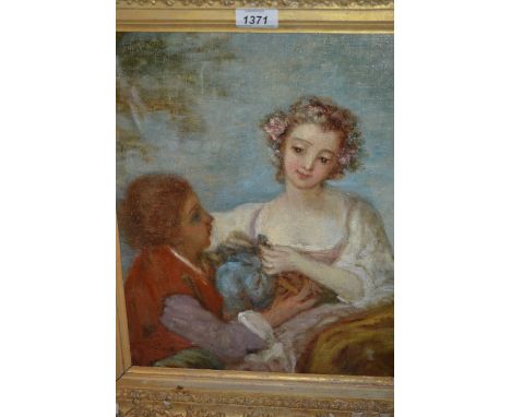 Late 19th Century oil, portrait of a young lady and courtier, gilt framed, 15ins x 12ins