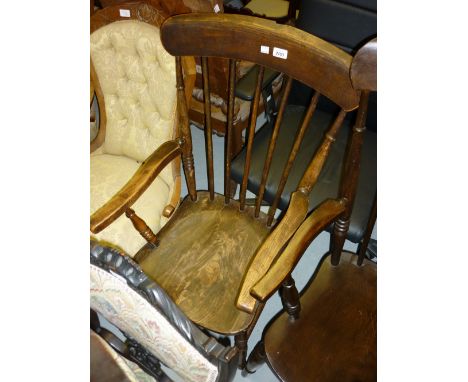 Victorian elm and beech stick back kitchen chair together with another similar chair