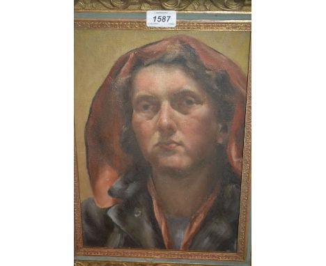 Barbara Bridgewater, oil on canvas, portrait of a Bohemian lady, signed and inscribed, New English Art Club label verso, 13.5