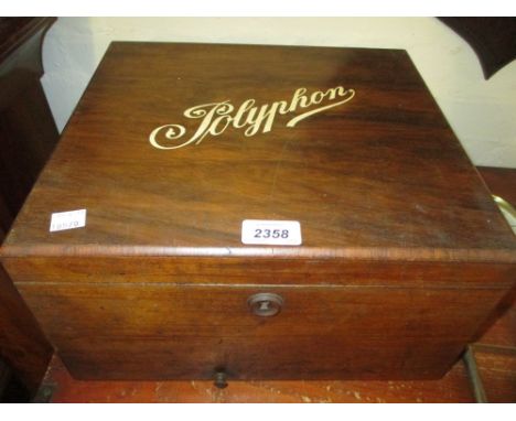 19th Century walnut cased polyphon with winding handle (three teeth broken), together with approximately 25 to 30 discs (a/f)