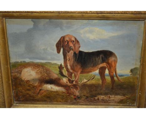 19th Century oil, portrait of a hound with deer in an open landscape, 6ins x 8ins