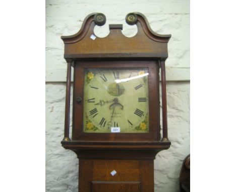 George III oak longcase clock, with a swan neck pediment above a square hood and rectangular door, the painted enamel dial in