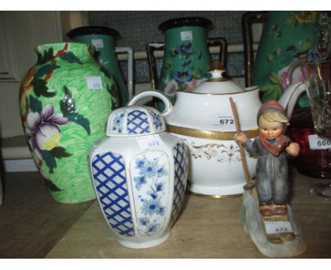 Royal Doulton Belmont pattern teapot, Maling floral decorated vase, Noritake vase and cover and a Goebel figure of a boy skie