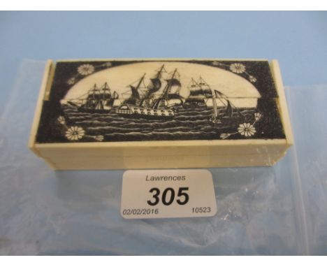Rectangular bone trinket box engraved with  various sailing ships