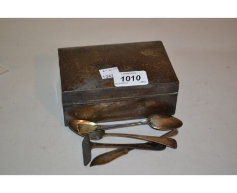 Birmingham silver rectangular cigarette box, together with four silver items of flatware