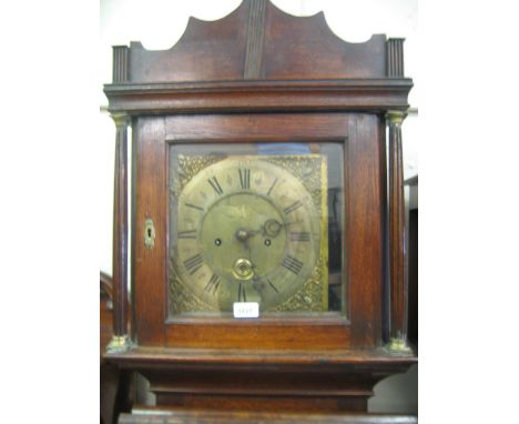 Late 18th / early 19th Century oak longcase clock having brass dial, pierced spandrels and Roman numerals with a two train mo