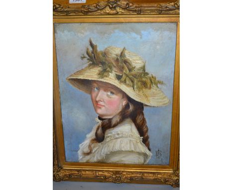 Late 19th Century oil, half length portrait of a young lady with a straw hat, monogrammed, 15ins x 11ins
