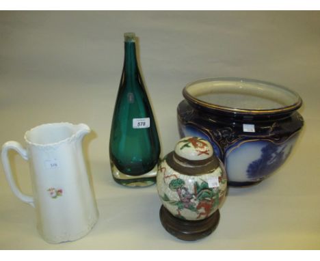 Whitefriars blue / green glass lamp base with original paper label, blue and white jardiniere, crackleware ginger jar and a j