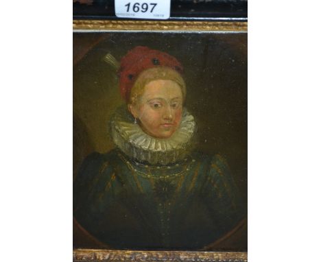 19th Century German school, oil on copper panel, half length portrait of a lady wearing 16th Century costume, 8ins x 7ins, eb