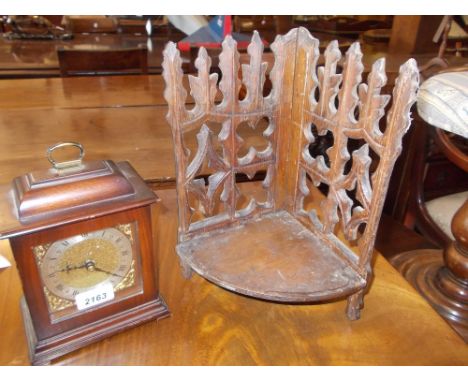 Small reproduction mahogany cased mantel clock, a carved pine corner wall bracket and a brass preserve pan with iron handle