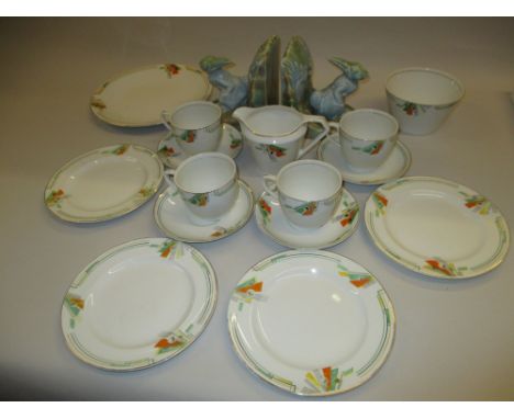 Fifteen piece Johnson Brothers Art Deco teaset and a pair of Beswick rabbit bookends (one a/f)