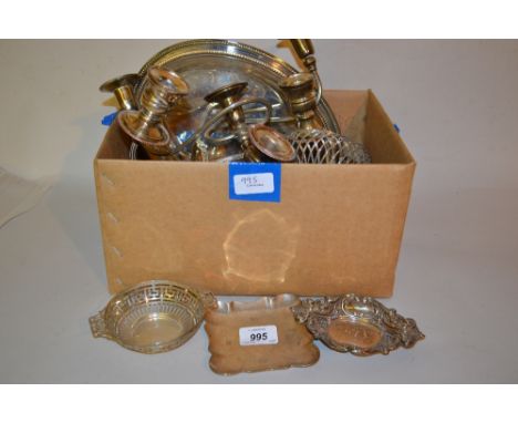 Three silver trinket dishes, two plated dishes, pair of plated three branch candelabra and an oval entree dish