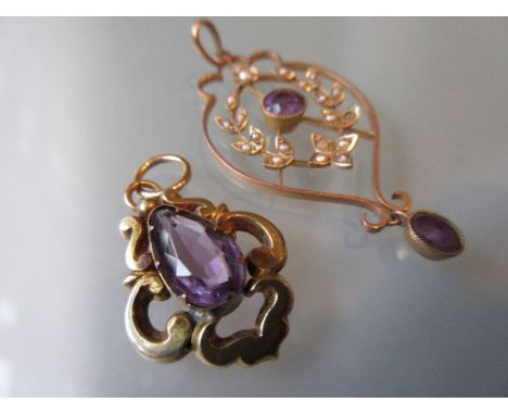 Yellow metal pendant set amethyst and seed pearl together with another set amethyst