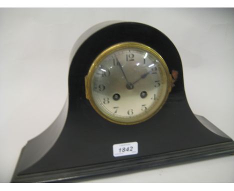 1930's Oak two train mantel clock, an ebonised two train mantel clock and a small circular oak aneroid barometer